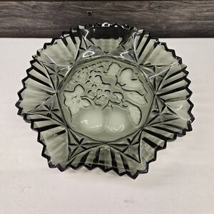 Vintage FEDERAL GLASS PIONEER-SMOKEY‎ CARNIVAL CRIMPED BOWL FRUIT DESIGN 10" Vtg